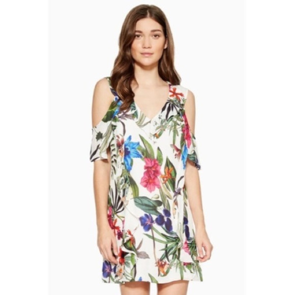 Parker Elana Floral Cold Shoulder Ruffle White and Pink Mini Dress Medium - Picture 1 of 4